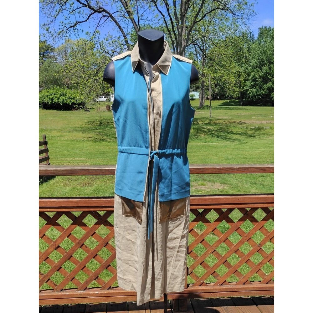 Elie Tahari Khaki and Blue Green Sleeveless Collared Dress with Tie Front Size 6
